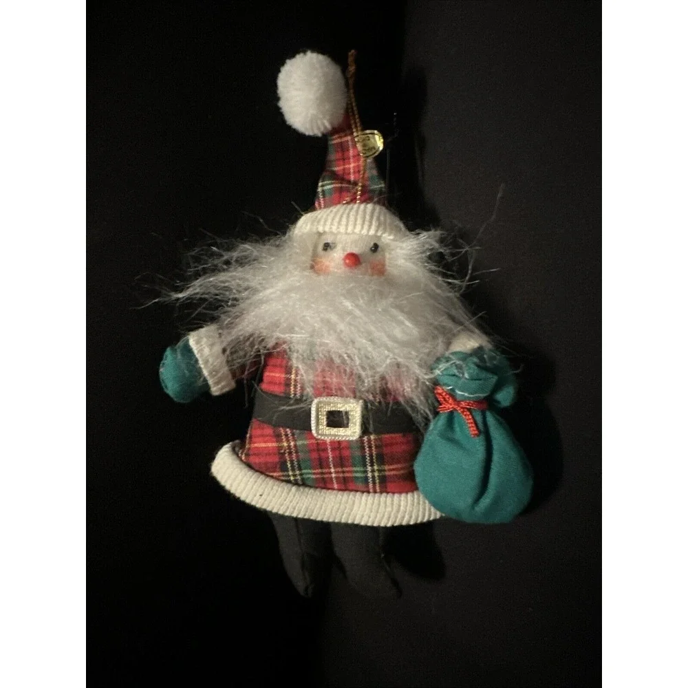 Santa Clause w/beard Plush Plaid Christmas‎ Holiday Ornaments Toy Bag 6.5